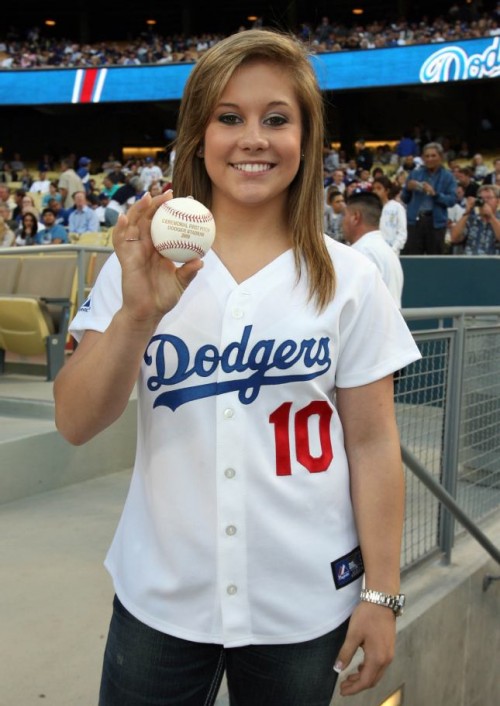 Shawn Johnson throws the first pitch for the Dodgers